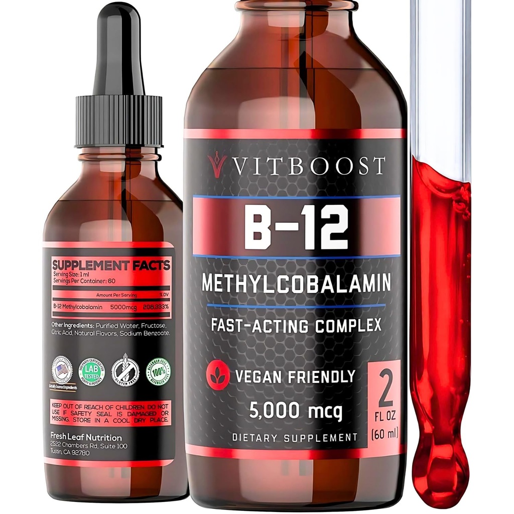 Vegan liquido B-12 gocce – 60 x 5000 mcg Extra resistenza lampone aromatizzato vitamina B12 liquido Methylcobalamin sublingual Supplement | Progettato per massimizzare l'assorbimento e l'energia | Gluten Free