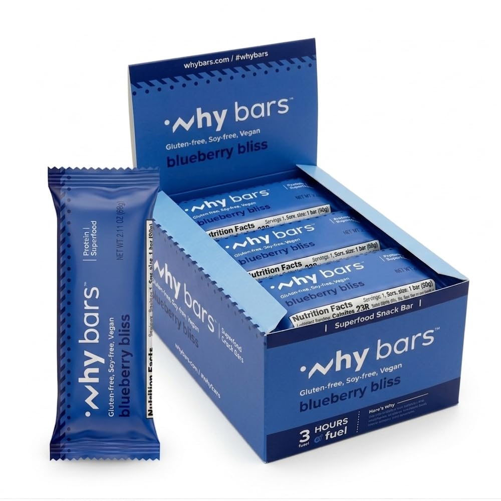 Perché barre, barre di proteine, beatitudine di mirtillo, barre di oncia 2.04 (pacchetto di 12 barre proteiche) - Superfood di barre di proteine, senza glutine, non OGM, organico, vegano, ingredienti semplici