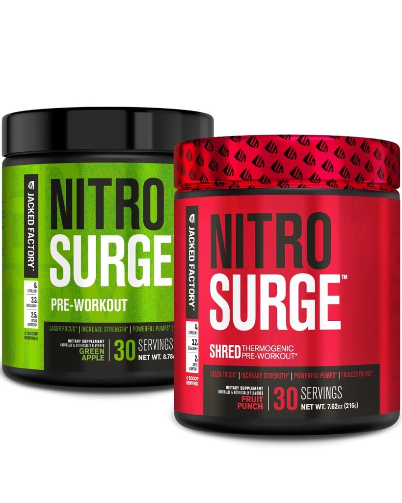 Jacked Factory Nitrosurge Pre-Workout in Green Apple & Fruit Punch Nitrosurge Shred Thermogenic Pre-allenamento per uomini e donne