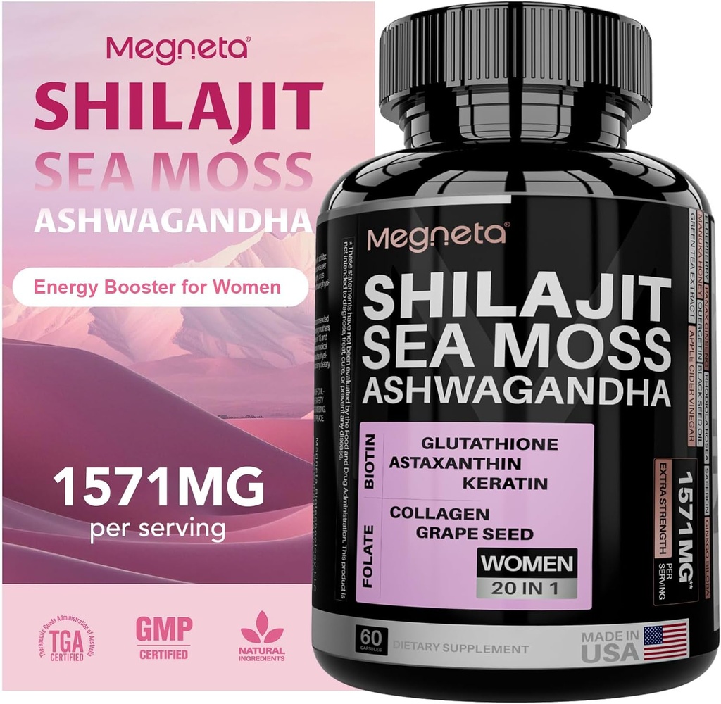 All-in-One Sea Moss, Shilajit, Ashwagandha & Glutathione Supplemento per le donne, potenzia l'energia, 60 capsule