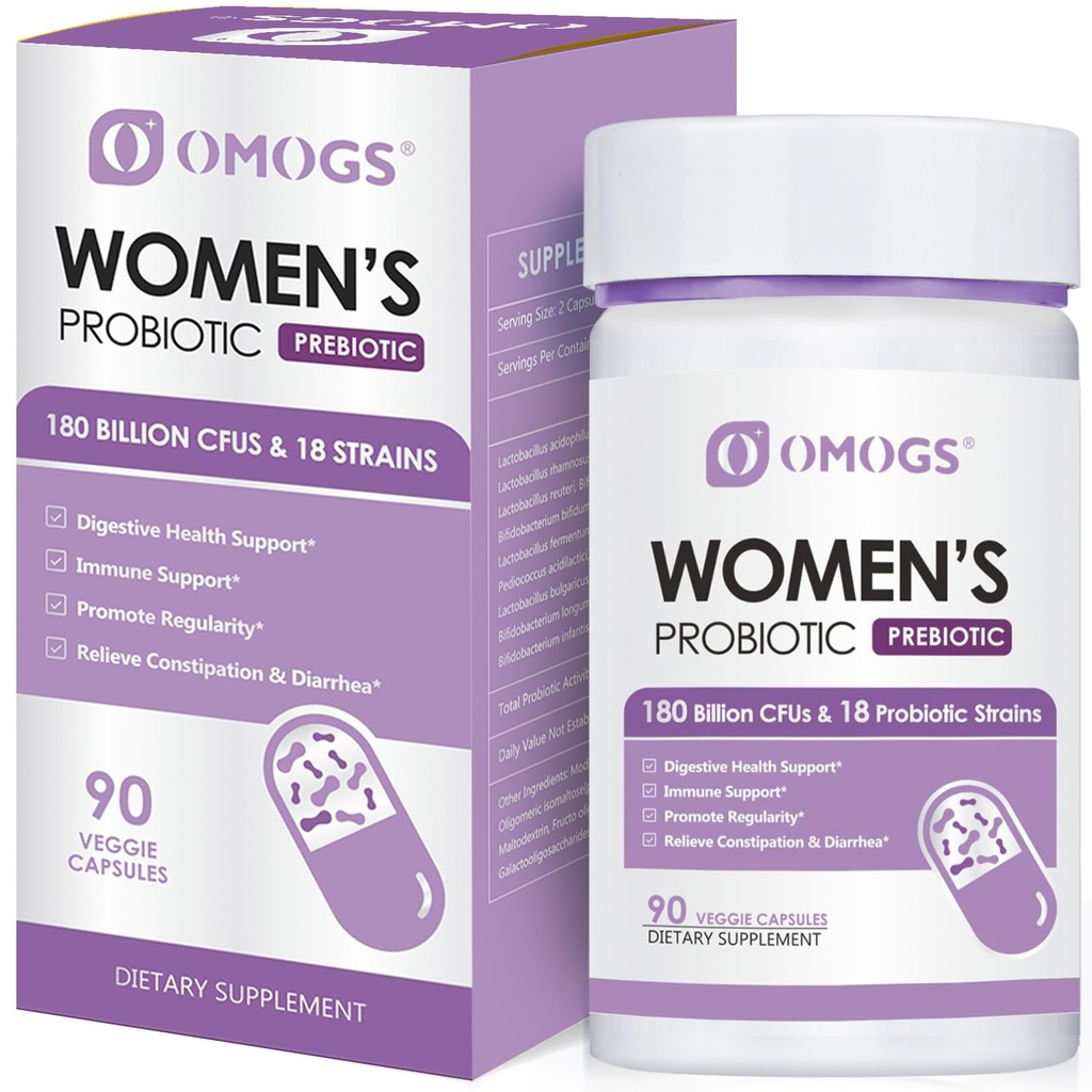 OMOGS Probiotico 180 miliardi di CFU 18 Strains, con prebiotici organici, estratto di mirtillo, D-Mannose & Digestive Enzymes, per Digestivo, Boost Immune, PH Balance & Urethral Health, 90 capsule