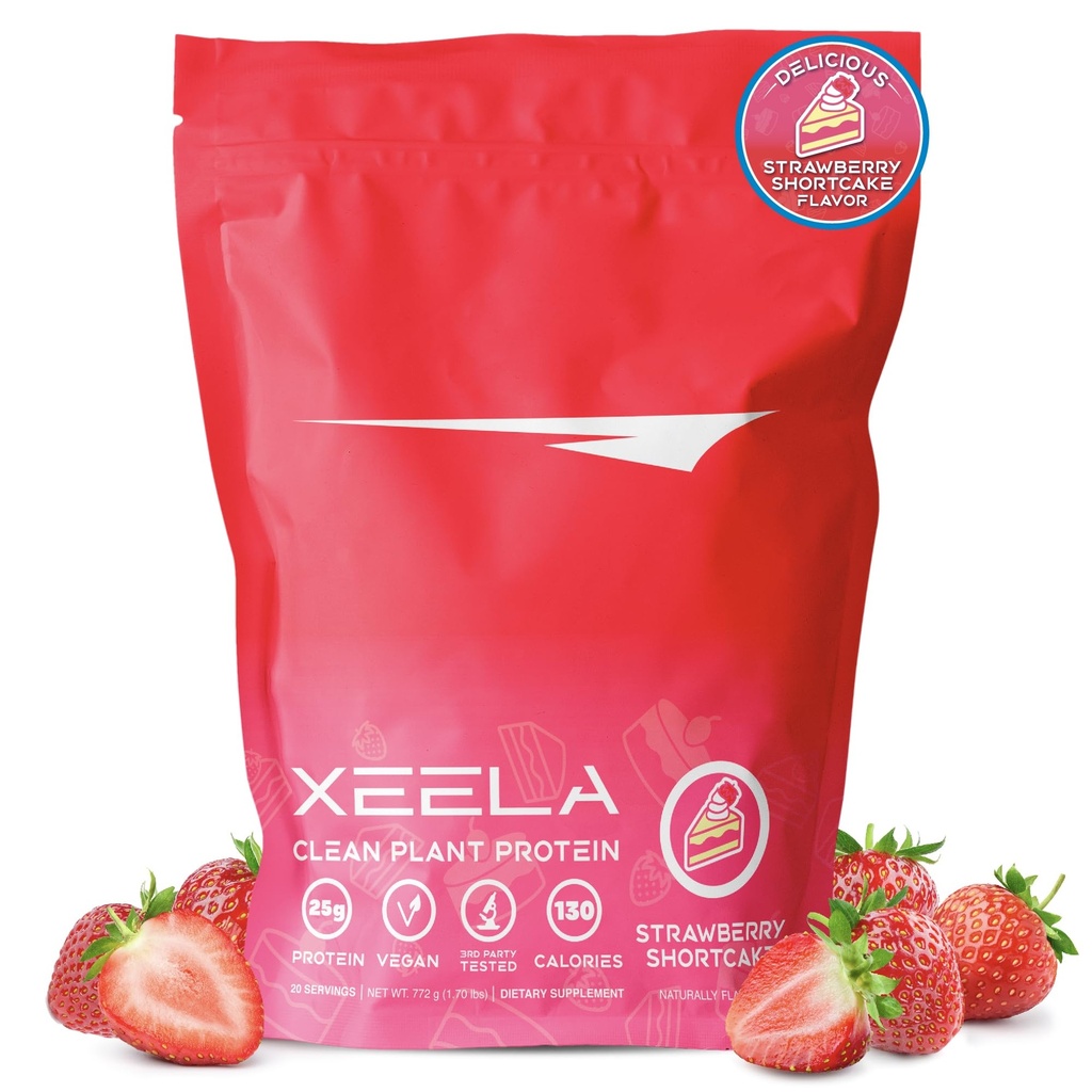 XEELA Plant Based Vegan Protein Powder - Indipendente testato - 25g High Protein, Pea Protein per Uomo e Donne - Vitamine & Minerali, Non OGM, Latticini & Gluten Free, LowCarb & LowFat (Cacca di Fragola)