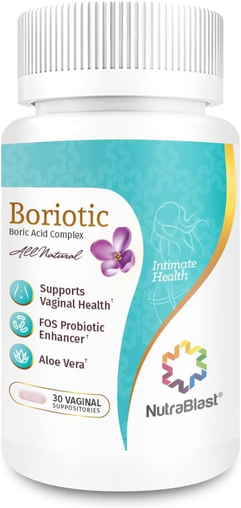 NutraBlast Boric Acid Vaginal Suppositories Complex w/Aloe Vera & FOS Prebiotic Enhancer | Tutto Natural Boriotic | Made in USA (30 Conte)