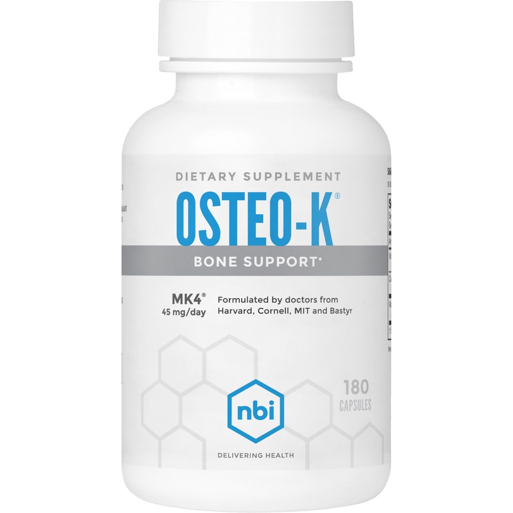 NBI Osteo-K Bone Support | Vitamina D & K Complesso con Calcium Citrate Supplemento | 45mg Vitamin K2 (MK4) per Forte Bone Salute & Funzione | 180ct Veggie Capsule