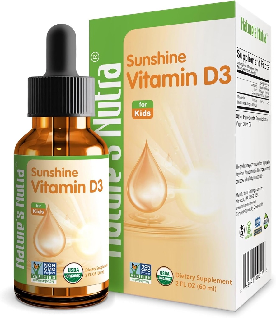 Nutra Sunshine Vitamina D3 400IU, 2 Fl. Oz (60ml), Premium Baby and Infant Liquid Drops, Bambini Bambini Multivitamina Supplemento, Non OGM, Estratto vegetale
