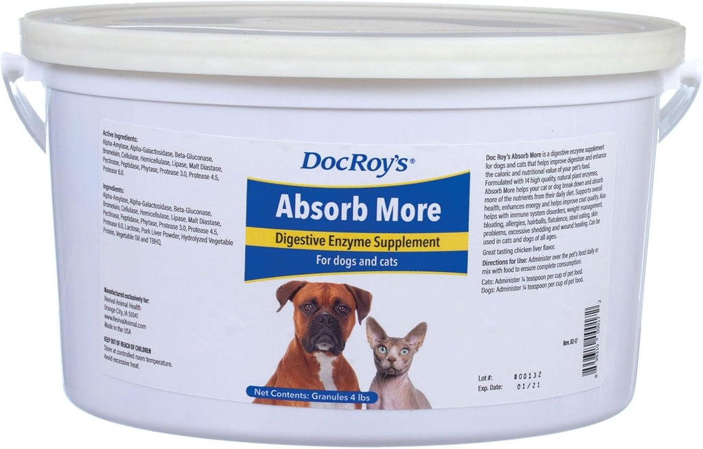 Doc Roy's Absorb More - Supplemento enzima digestivo per cani e gatti - 4lb Granules
