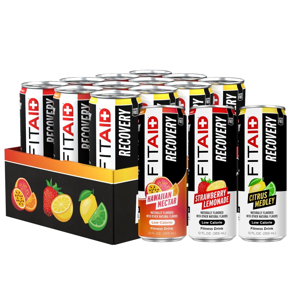 FITAID Recovery Blend, Variety Pack, BCAAs, Glucosamine, Electrolytes, Omega-3s, Tè Verde, 100% Clean, Paleo, Vegan & Gluten-Free, Naturale Sweetened & Flavored, 12-oz. cans (Pack of 12)