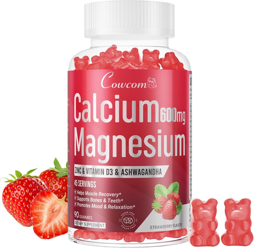 Calcio Magnesio Zinc Gummies & Vitamina D3,B6,B12,Immune & Supporting Bone Salute Calcium Supplemento di magnesio per gli uomini delle donne, senza zucchero Vegan Strawberry Flavor 90 conteggi