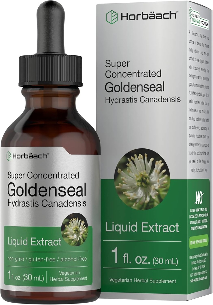 Horbäach Goldenseal Root Tincture | 1 Fl Oz | Liquid Extract Supplemento | Hydrastis Canadensis Herb Drops | Alcohol Free | Vegetariano, Non OGM e Gluten Free