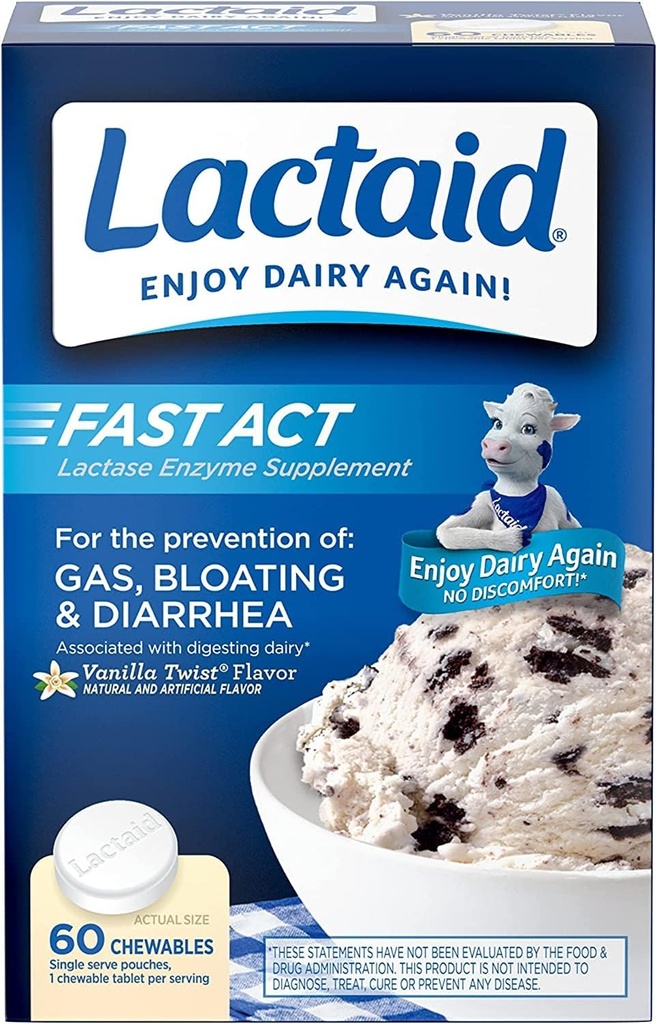 Lactaid Fast Act Lactose Intolerance Relief Chewables with Lactase Enzyme to Prevent Gas, Bloating & Diarrhea A causa di LactoseSensitivity,Ideal for Travel&On-the-Go, Vanilla Twist,60 Packs of 1-ct.(5pk)