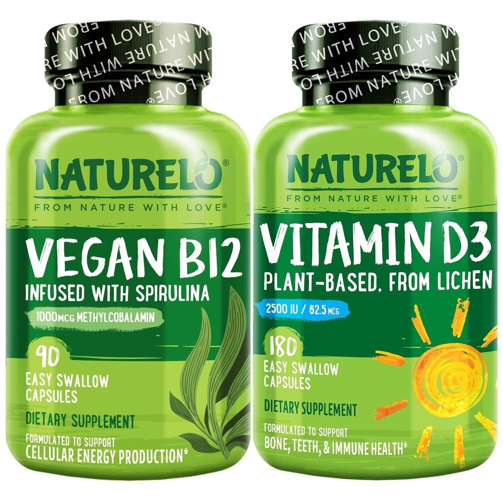 NATURELO Vitamina D - Impianto Basato da Lichen - 180 Mini Capsule, Vegan B12, 1000 mcg Methylcobalamin - 90 Capsule