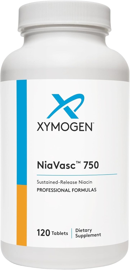 XYMOGEN NiaVasc 750 - Niacina a rilascio prolungato per un effetto fluido minore - Supporta la manutenzione dei lipidi sanguigni (120 compresse di rilascio tempo)