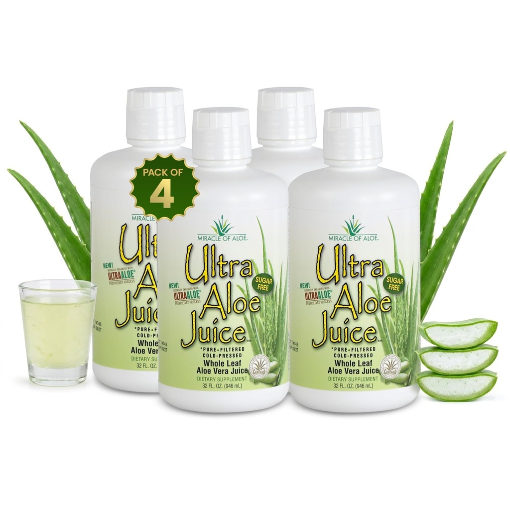 Miracolo di Aloe Ultra Aloe Vera Juice, 1 Qt. 4 Pack, foglia intera, puro, filtrato, certificato per contenuto e purezza (Gallon)