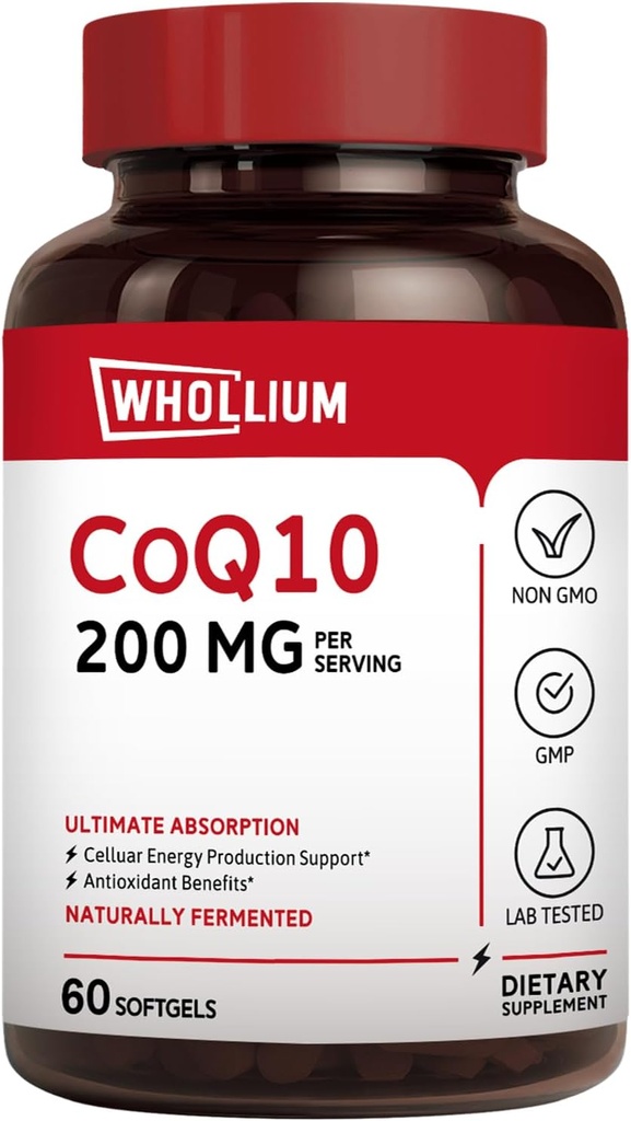CoQ10 200mg Per Serving, Olio Extra Vergine di Oliva, Assorbimento Ultra, Naturalmente Fermentato, Coenzima Q10 Supplemento, Produzione Energetica, Cuore sano, Anti-invecchiamento, 60 Softgels