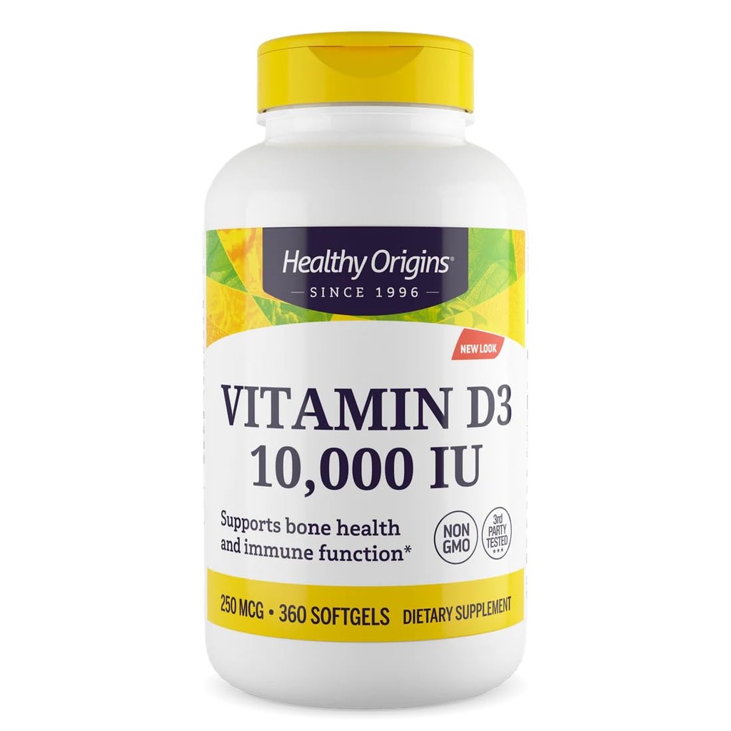 Vitamina D3 10.000 IU (non OGM, alta potenza, supporto Bone, supporto immunitario, senza glutine), 360 Softgels