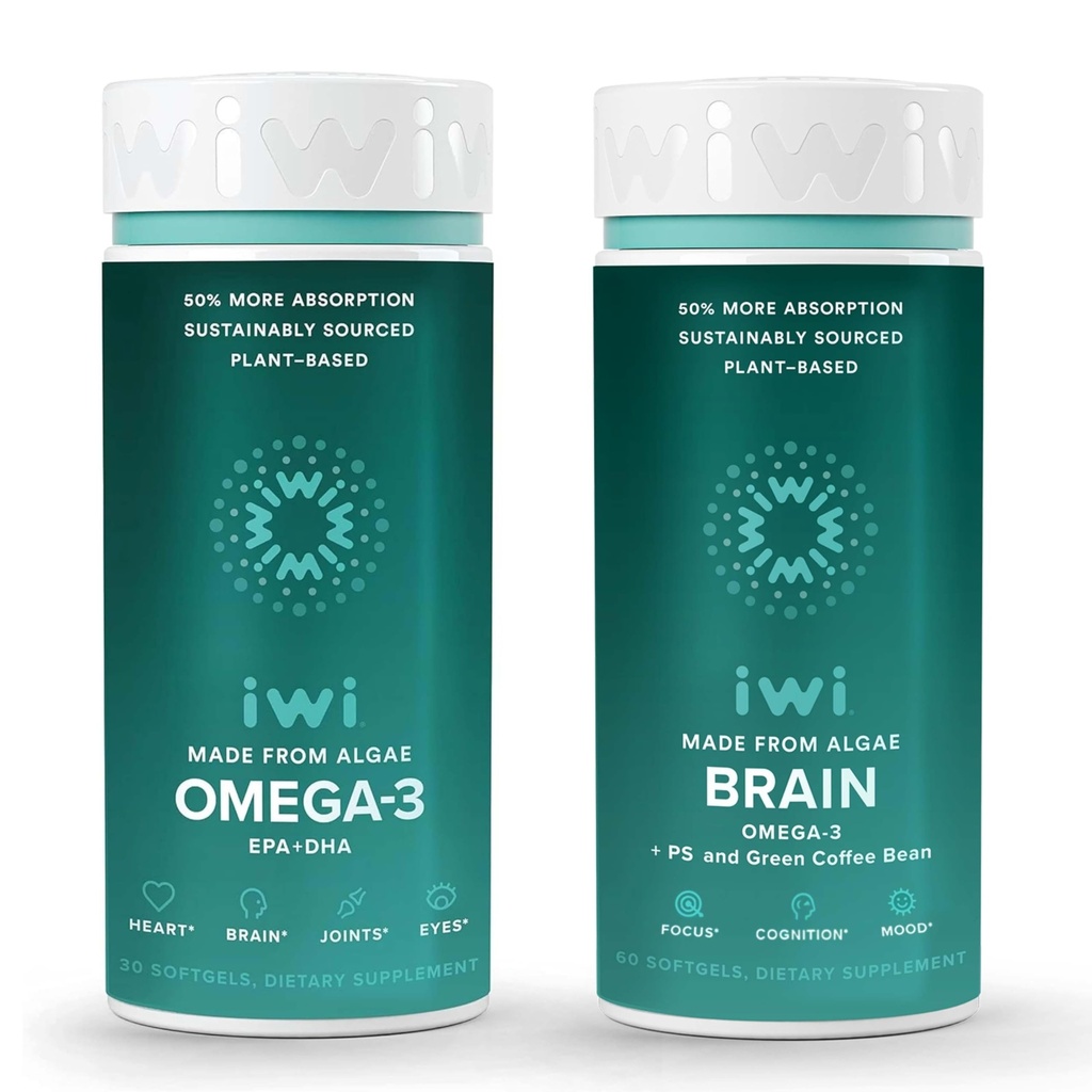 Iwi Omega-3 & cervello Omega-3 Bundle, 30 Servings, Vegan pianta-based Algae Omega 3 con EPA + DHA, Krill & Fish Oil Alternative, No Fishy Aftertaste
