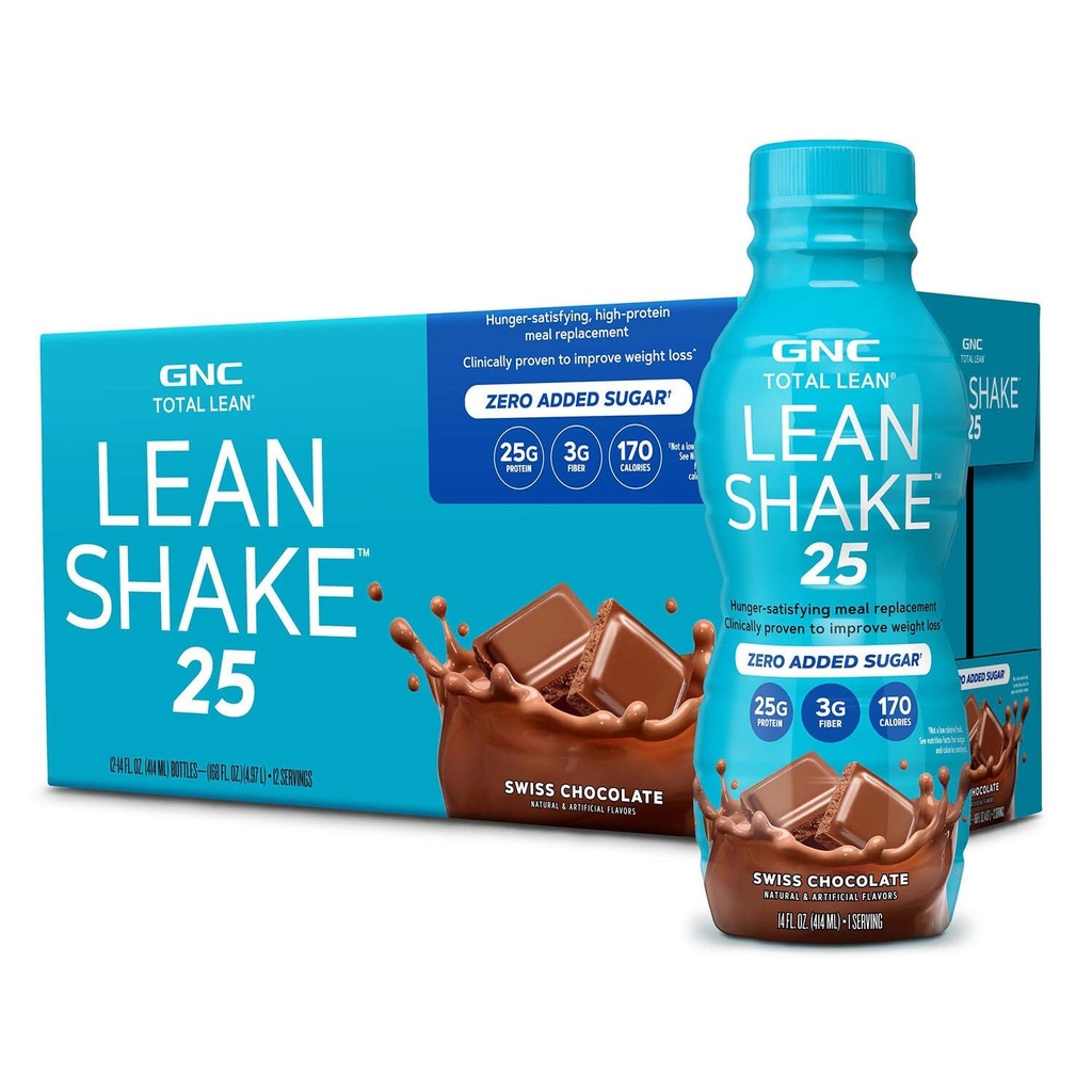 GNC Lean Shake 25 Protein Shake, Clinically Proven Weight Management, Meal Sostituzione, 25g Protein con Zero Aggiunto Zucchero, Pronti a Bere, Cioccolato svizzero, Confezione da 12