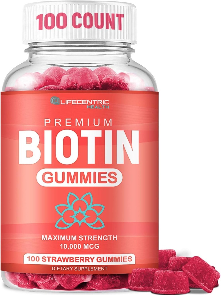 Biotin Gummies per la crescita dei capelli | Max Strength Biotin 10000mcg previene la perdita e la perdita | Integratore biotina masticabile per donne uomini e bambini | 100 Conte Vegan Hair Gummies per capelli pelle e unghie