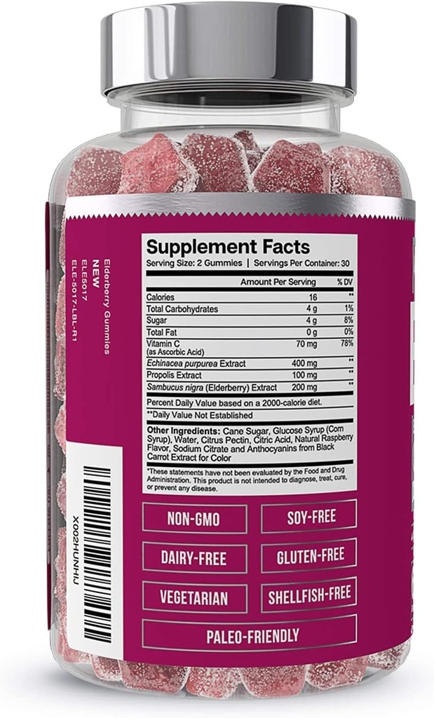 Elementi essenziali Gummie di sambuco per adulti - Formula di supporto immunitario 4-in-1 con Sambucus nigra, vitamina C, Echinacea, Propolis Extract 60 Count