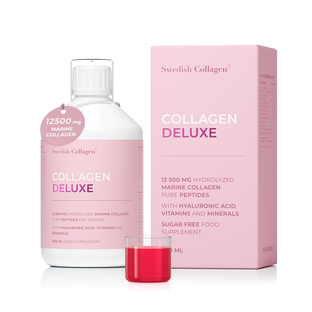 Collage svedese Deluxe | 12.500 mg Integratore liquido di collagene marino idrolizzato - 500 ml, Alimentazione 20 giorni | Acido ialuronico, Biotina e Vitamina C per supportare capelli sani, pelle, unghie | Senza zucchero