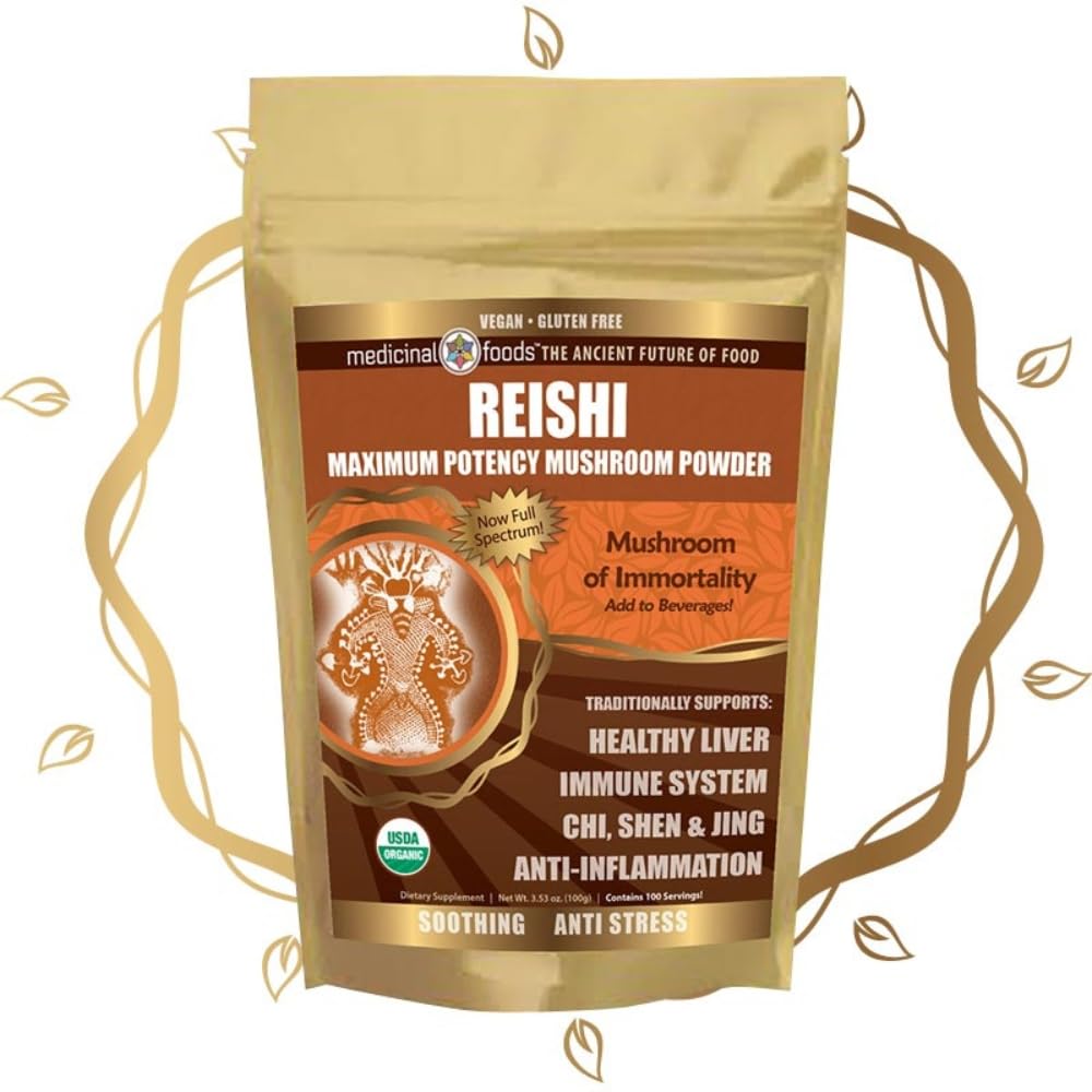 Cibi medicinali Reishi Mushroom Powder - Alta potenza, Full-Spectrum, Soothing, Anti-Stress, Per Smoothies & Tea, Organic, Vegan, Non-GMO, Gluten-Free (100 porzioni)