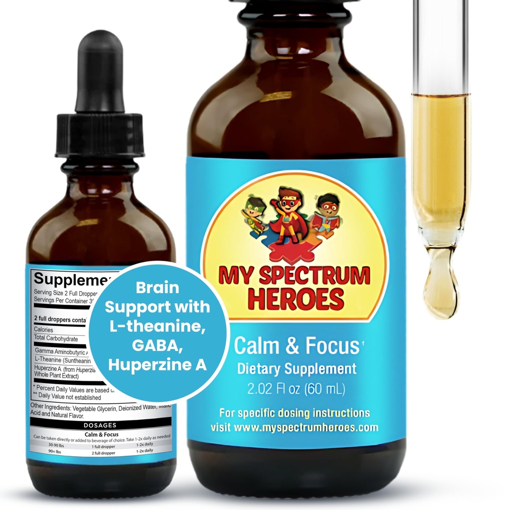 My Spectrum Heroes Calm & Focus Supplement Drops - Supporto per il cervello con L-theanine, GABA, Huperzine A - Migliorare la messa a fuoco per bambini o adulti - Aumentare la concentrazione per bambini e adolescenti - 2.02 FL oz. (60 ml)