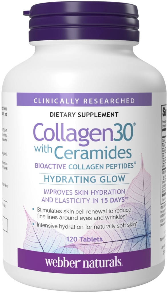 Webber Naturals Collagen30 con Ceramides, Peptidi di collagene bioattivi, 120 compresse, Glow idratante, aiuta a migliorare l'idratazione della pelle, elasticità & Smoothness, Non OGM, Dairy & Gluten Free