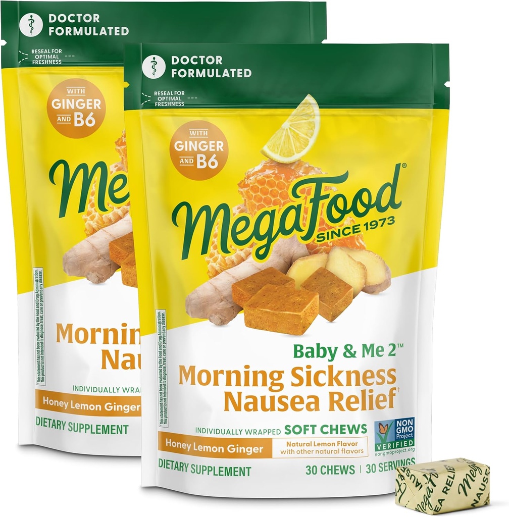 MegaFood Baby & Me Prenatal Morning Sickness Relief, Ginger Chews, con vitamina B6, Fatto senza 9 allergeni alimentari, miele limone Ginger Flavor, 30 Chews (Pack of 2)