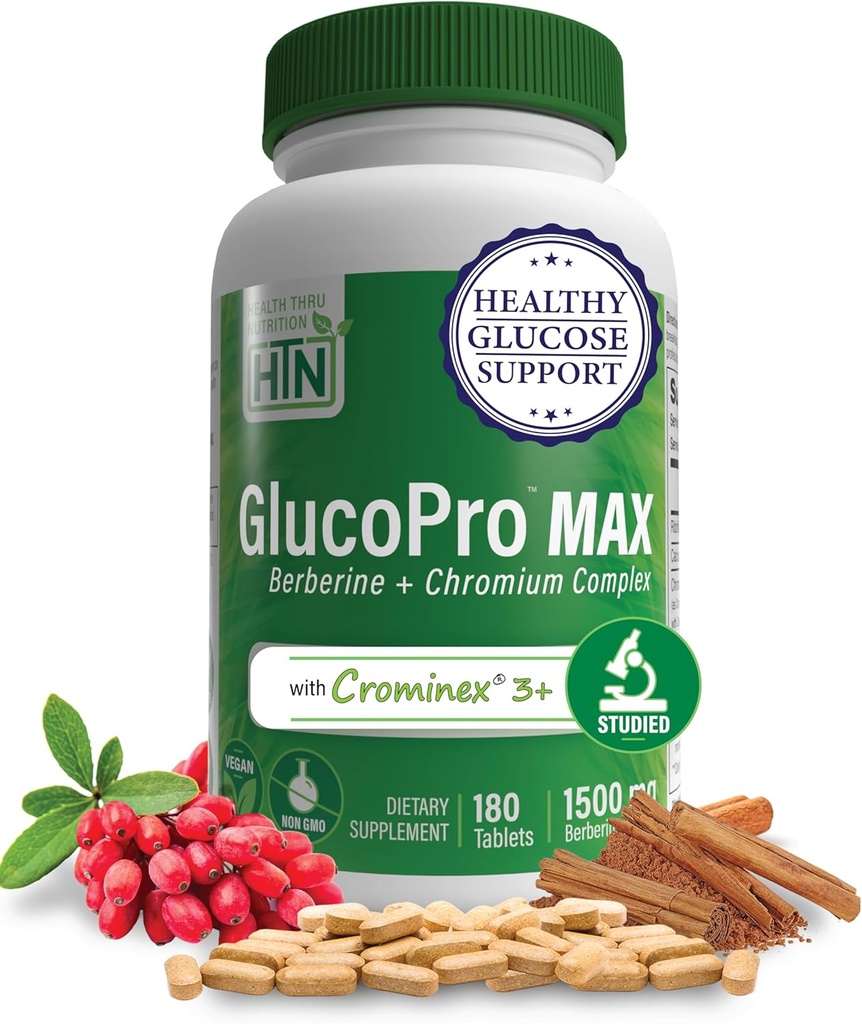 Nutrizione di salute GlucoPro Max - con 1.500mg Berberina, Chrominex + Cromo, e 1.000mg Cinnamon | Vegan, Non OGM, Gluten Free | Confezione da 180