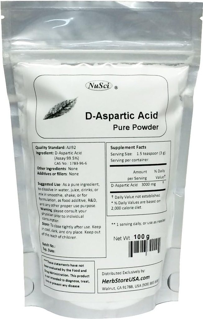 Pure D-Aspartic Acid (DAA) Polvere AJI Quality Standard (100 Grammi (3.52 oz))