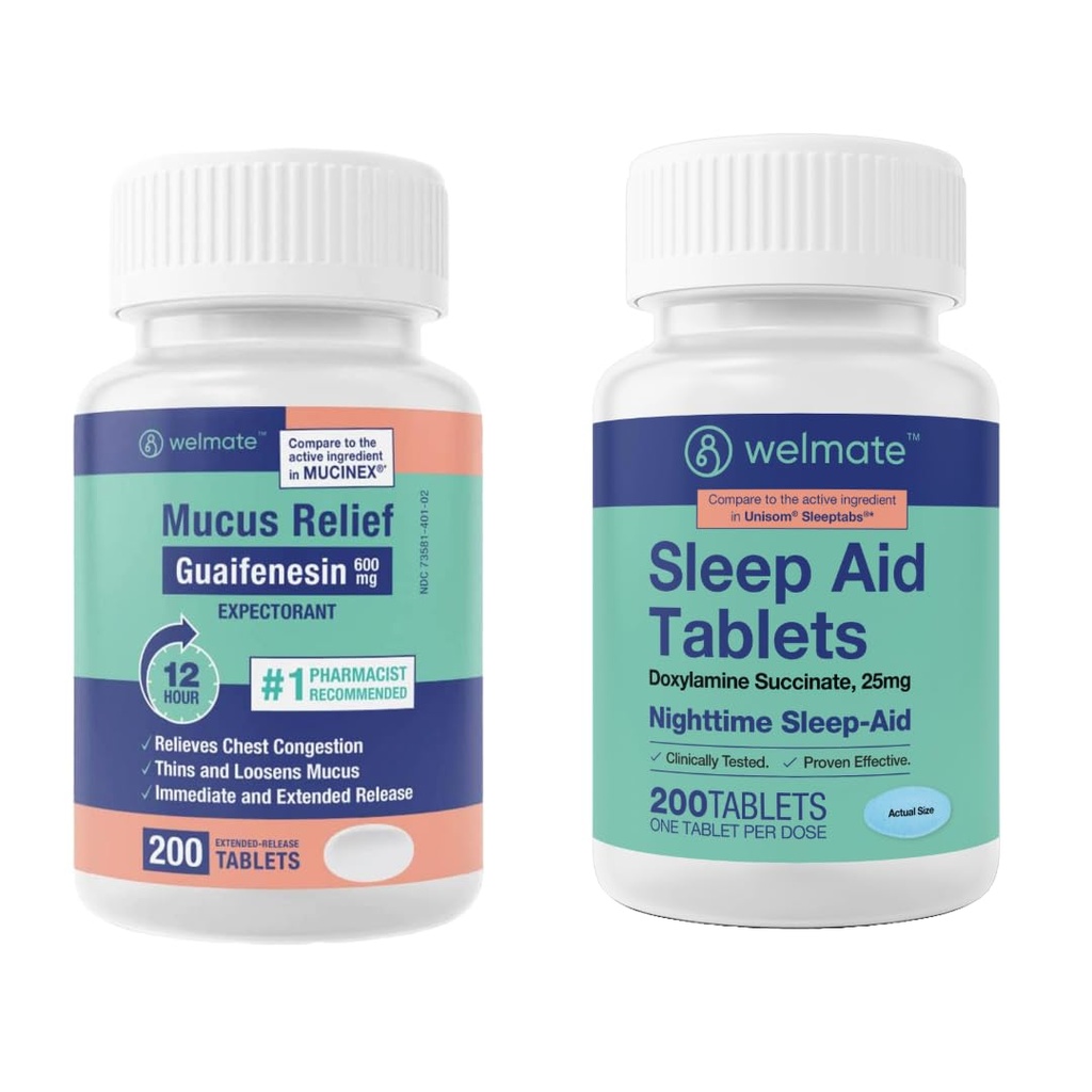 WELMATE Nighttime Wellness Bundle: Mucus Relief Guaifenesin 600mg Mucus Relief (200 Ct) & Doxylamine Succinate 25mg Sleep Aid (200 Ct) | Rilievo esteso per il sonno riposante