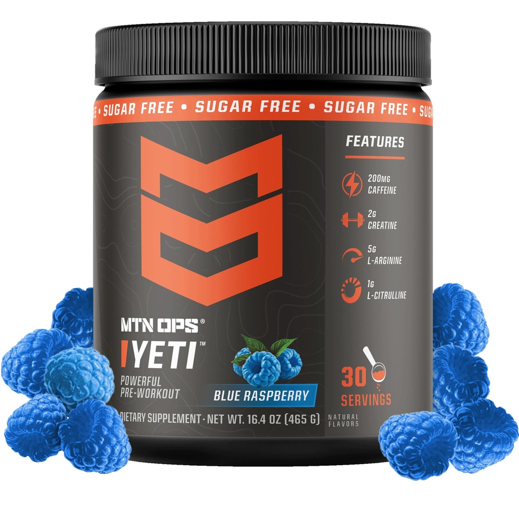 MTN OPS Yeti Pre-Workout Polvere Energy Drink con Creatina, 200 mg Caffeina e BCAAs con Beta Alanine, 30-Serving Tub, Blue Raspberry