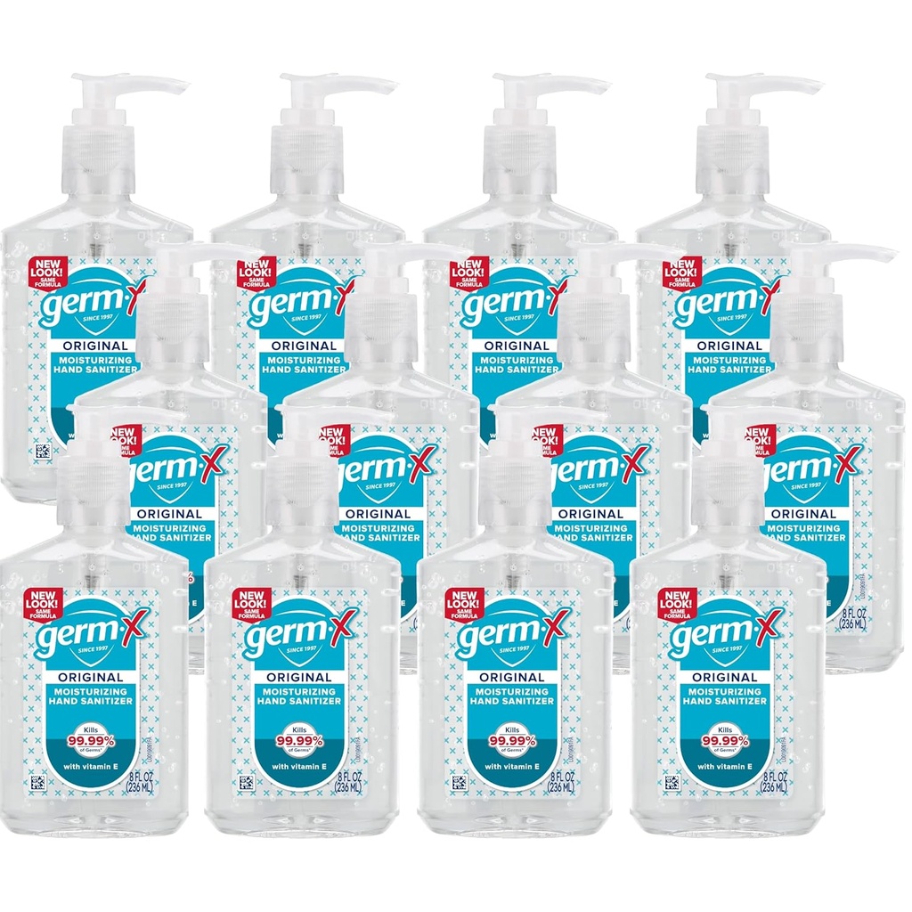 Germ-X Original Hand Sanitizer, Gel idratante non asciugante con vitamina E, Instant e No Rinse Formula, Back to School Supplies College, 8 Fl Oz Pump Bottle (Pack of 12)