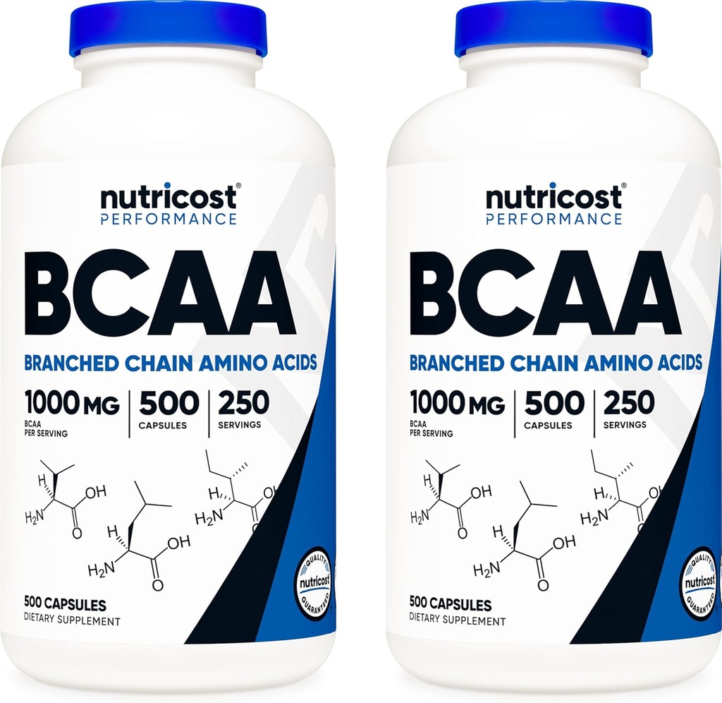 Nutricost BCAA 1000mg, 500 Capsule (250 Serv), 2:1:1:1:1 Aminoacidi a catena ramificata (500mg di L-Leucina, 250mg di L-Isoleucina e L-Valina) (2 Bottiglie)