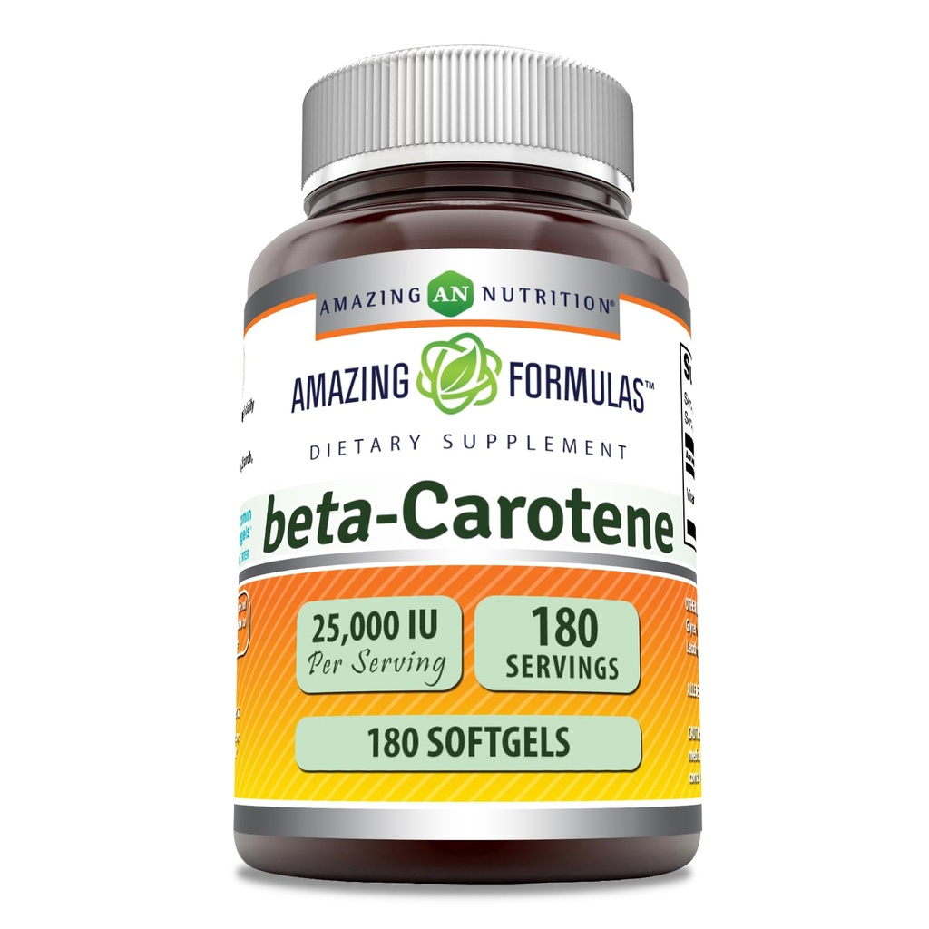 Amazing Formulas Beta-Carotene Supplemento | 25000 IU per Serving | 180 Softgels | Non-GMO | Gluten-Free Made in USA