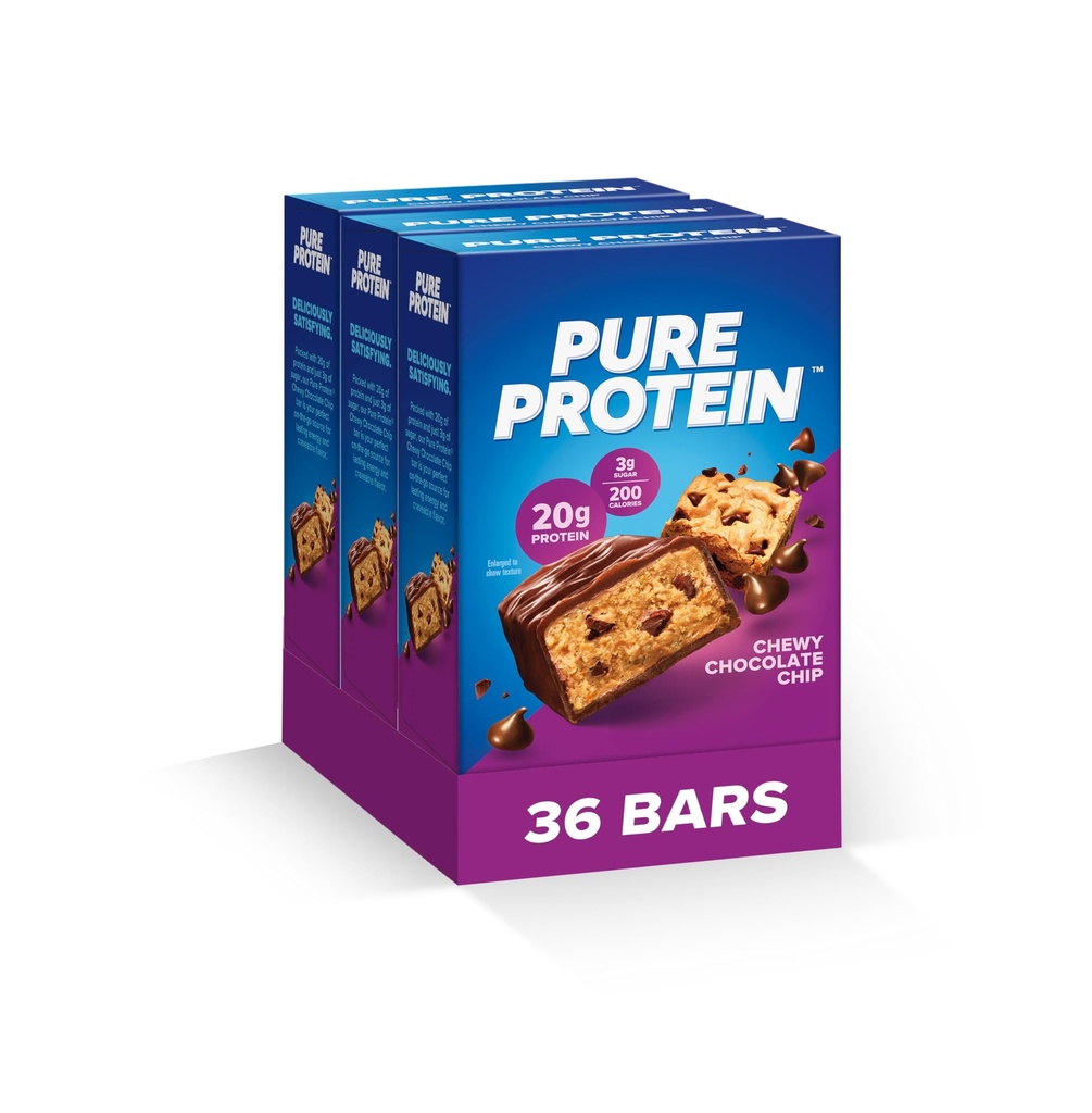 Pure Protein Bars, High Protein, Snack Nutritious per sostenere l'energia, Basso zucchero, Gluten Free, Chewy Chocolate Chip, Confezione di 36