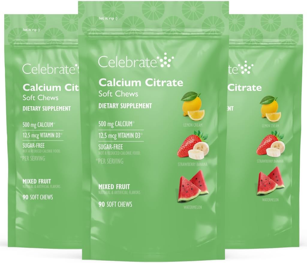 Celebrare Vitamine Bariatric 500mg Calcium Citrate Soft Chews con 500 IU Vitamin D3 – Essenziale per Gastric Bypass Pazienti & Bone Salute - Zucchero & Gluten Free, Frutta (270 Chews)