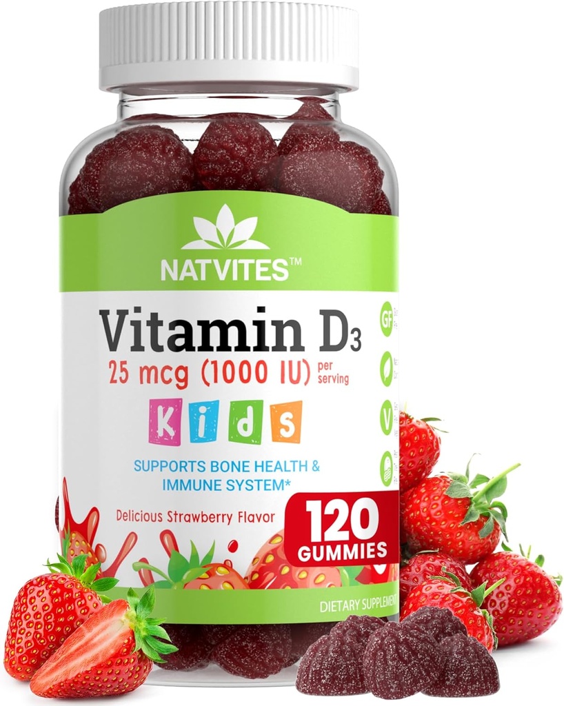 Vitamina D3 Gummies per bambini - Vitamina D 1000 IU Pectin Gummy - Fragola aromatizzata - Bone Salute e Supporto Immune Supplemento - Non OGM, Gluten Free, Vegan, Nut & Dairy Free - 120 Count (Pack of 1)