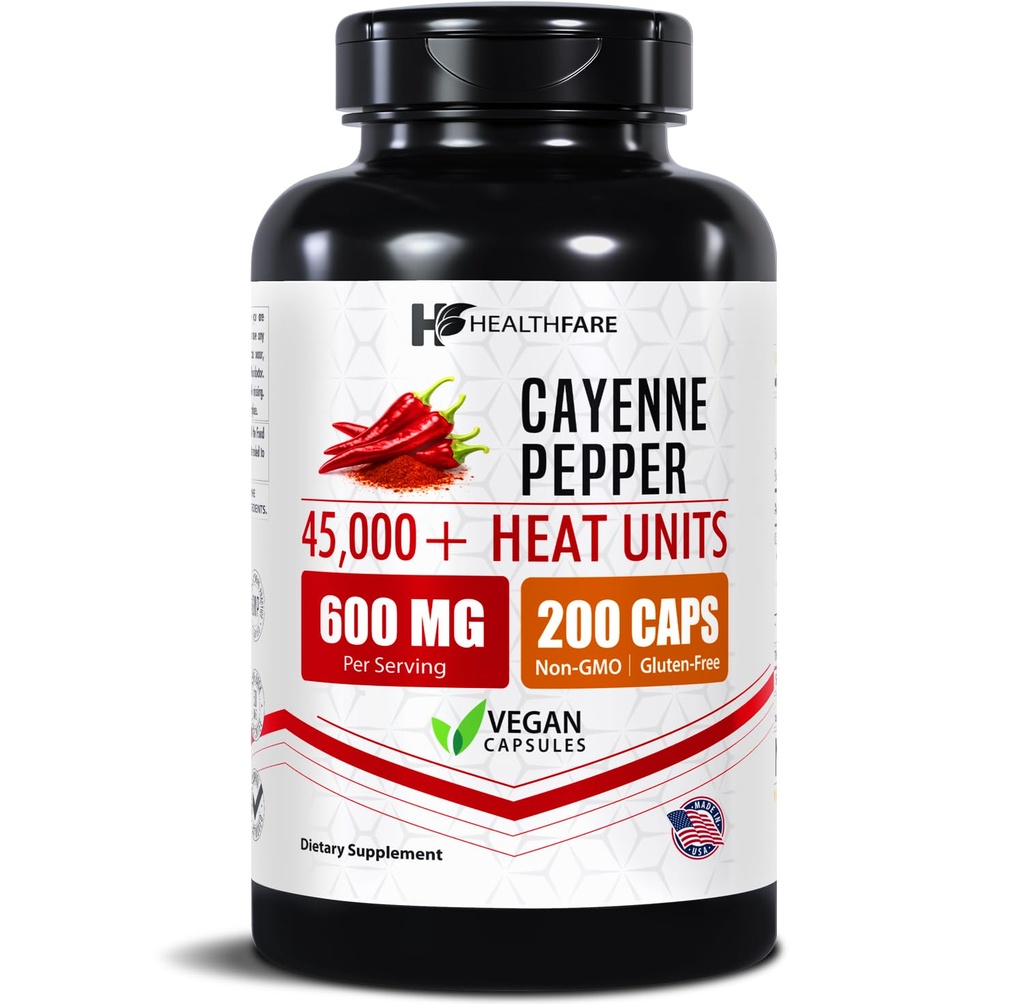 HealthFare Cayenne Pepper Capsule 600mg | 200 Vegan Pills | 45.000 unità di calore (HU) | Cardiovascolare, Circolazione e supporto digestivo | Estratto di erbe ad alta potenza | Non OGM, Gluten-Free | Made in USA