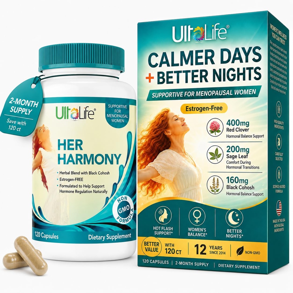UltaLife Her Harmony Menopause Supplements for Women - Hot Flashes Menopause Relief & Hormone Balance per le donne - Contiene Black Cohosh, Dong Quai, Red Clover & More - Estrogen Free - 120 Capsule