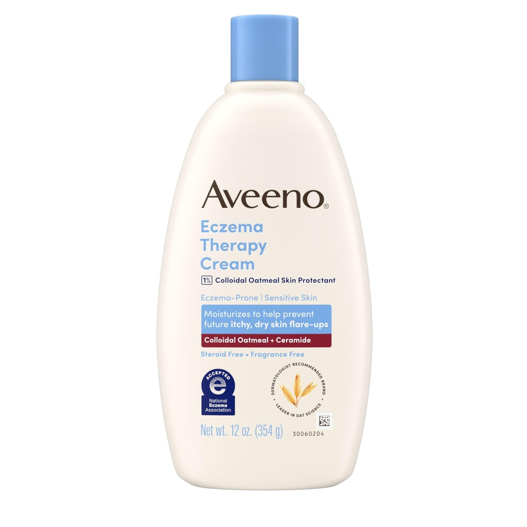 Aveeno Eczema Therapy Crema corpo idratante quotidiana per pelle sensibile, Crema di sollievo Eczema lenitiva, farina di avena colloidale & Ceramide per pelle secca e prurito, steroide- & Fragranza-Free, 12 oz