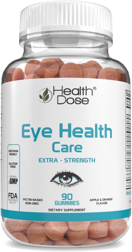 Salute Dose Eye Health Care Vitamine con Lutein Zeaxanthin Support Eye Strain, Occhi Secchi & Performance Visive Apple & Orange Flavor 90 Gummies.