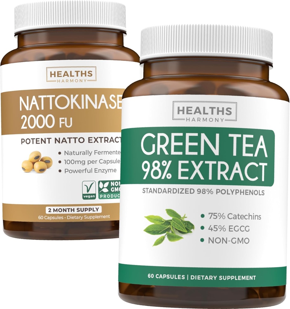 Nattokinase & Green Tea (1-mese di alimentazione) Energy Boost Bundle - Nattokinase 2000 FU Potente Soybeans naturalmente fermentato (60 caps) & Green Tea Extract 98% con EGCG (non OGM) Natural Metabolism Boost