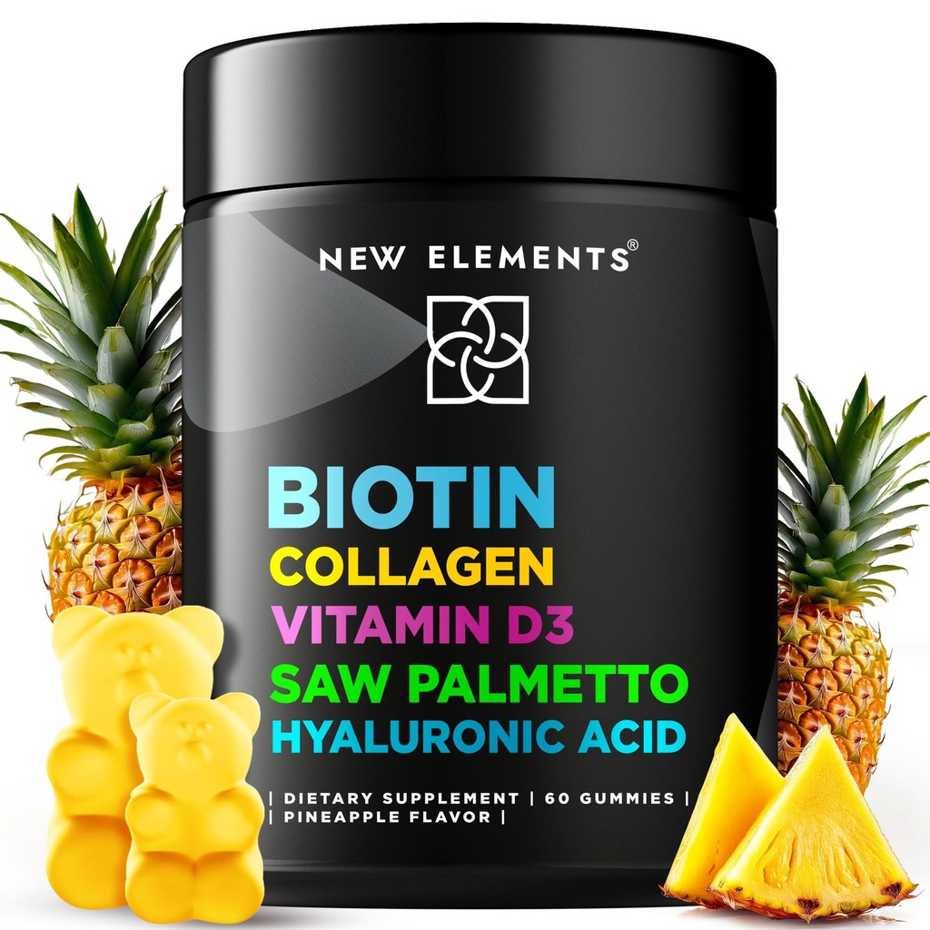 Biotina Gummies con Collagen Vitamin D3 Saw Palmetto & Acido Ialuronico per Capelli Pelle e Unghie, Integratore per la Crescita dei Capelli per Uomini e Donne | Non OGM | Gluten-Free | Ananas naturale Flavor