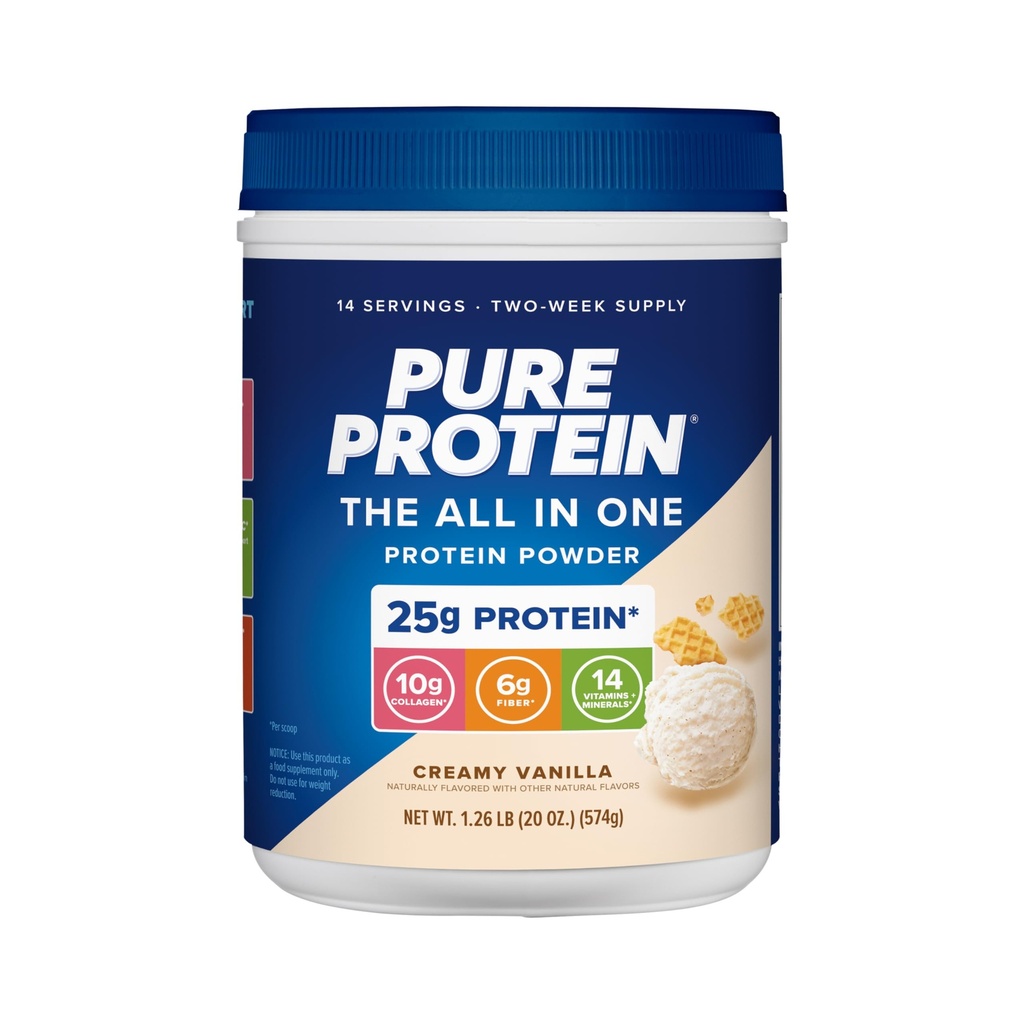 Polvere all-in-one proteina pura, Vanilla - Whey & Collagen, fibra alta, vitamine, senza aggiunta di zucchero, non OGM, senza glutine, 1,25lb