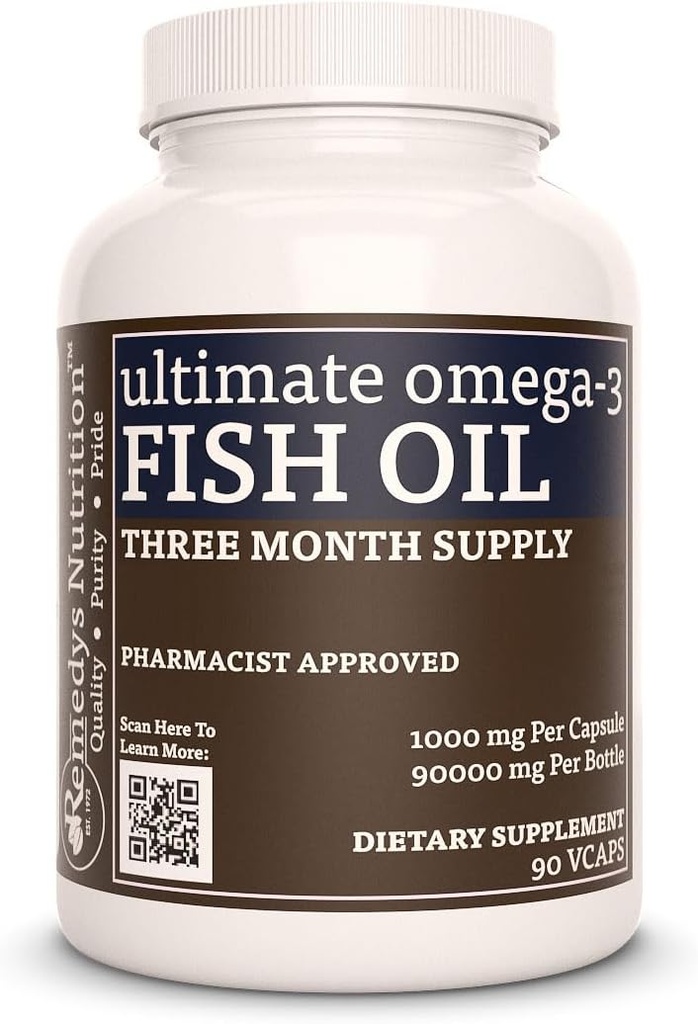 Nutrizione di Remedy Ultimate Omega-3 Fish Oil | 1.000 mg, 90 Softgels Integratore alimentare | Alimentazione 3 mesi | EPA, DHA, GLA, ALA, & LA Fatty Acids