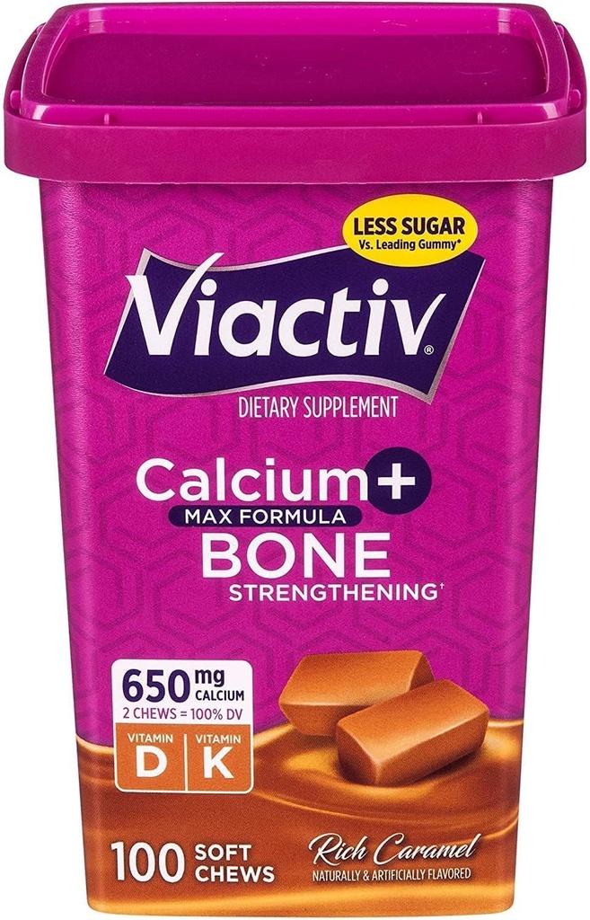 Viactiv Max Formula Calcium +Vitamin D3 Supplemento per Bone Health, Rich Caramel, 100 Soft Chews