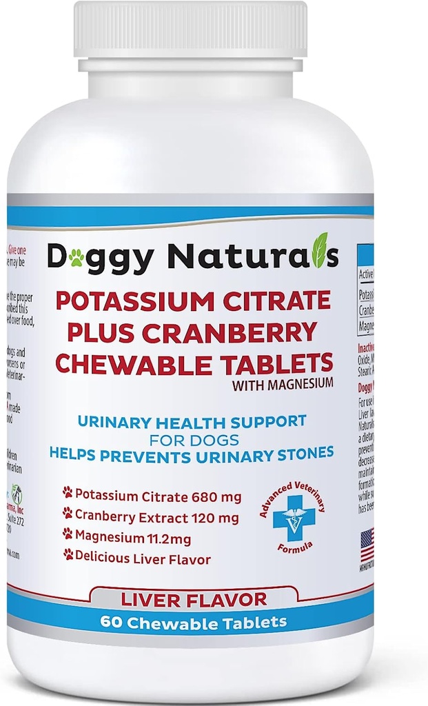 Citrato di potassio più mirtillo con supplemento di magnesio per cani (60 compresse) - supporto del tratto urinario - aiuta la formazione del deter di calcoli di ossalato di calcio