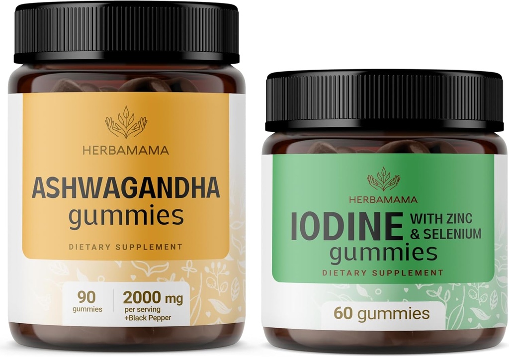 HERBAMAMA Ashwagandha e Iodine Kit - Bundle di 2000 mg Ashwagandha Root & Potassium Iodine, Zinc and Selenium Gummies - Vegan, Non-GMO, Gelatin-Free - 2 Pack