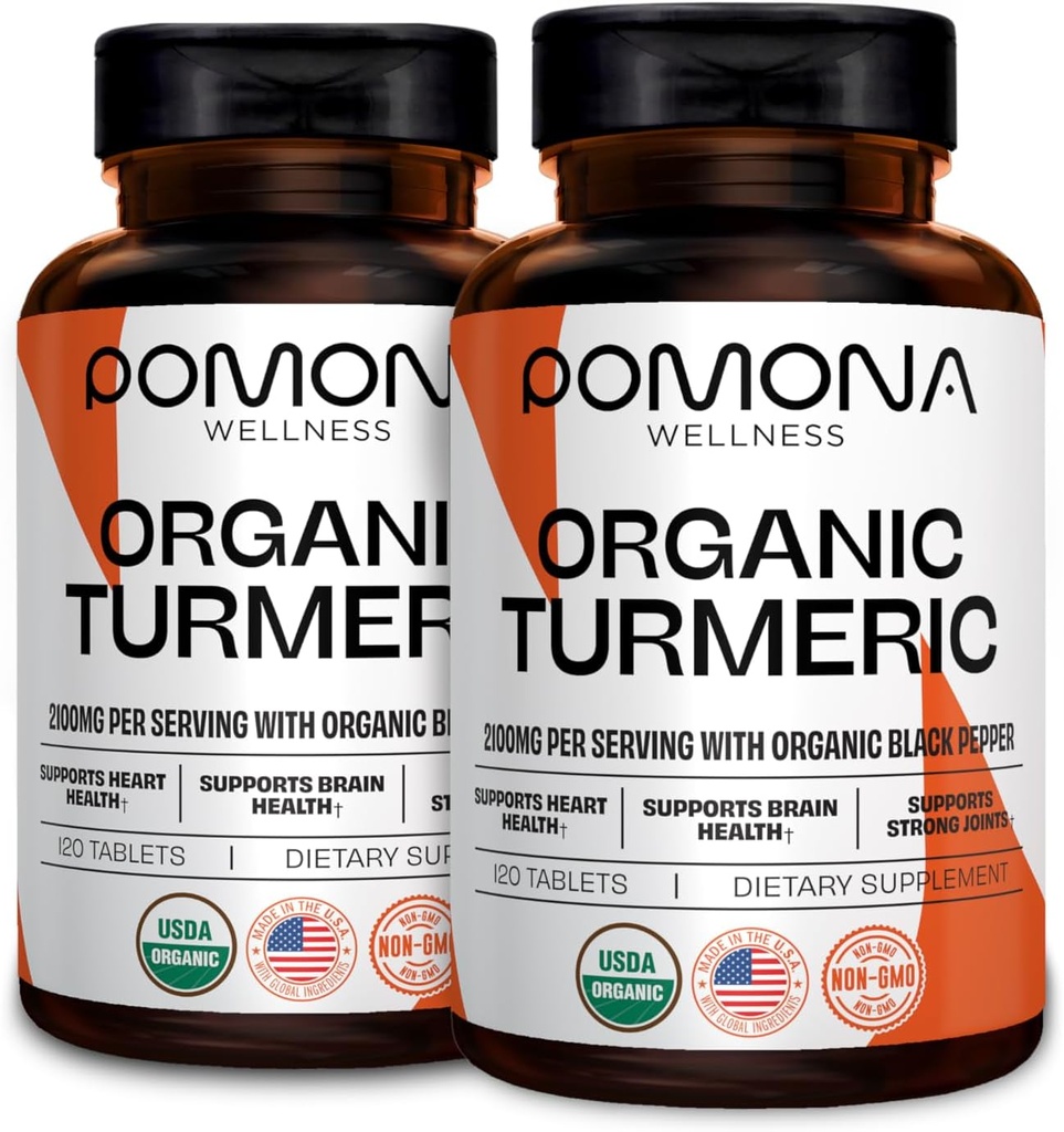 Pomona Wellness Organic Turmeric Supplemento 2100 mg, USDA Organic, Non OGM, Vegan, Curcumina Turmerica con Pepe Nero per l'assorbimento, per il supporto e l'immunità congiunti, 240 compresse (2 Confezione)